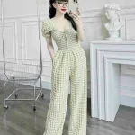 Đồ bộ quần dài áo tay ngắn cổ vuông caro