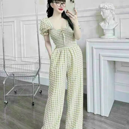 Đồ bộ quần dài áo tay ngắn cổ vuông caro