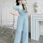 Đồ bộ quần dài áo tay ngắn cổ vuông caro
