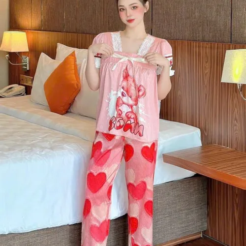 Đồ bộ quần dài áo tay ngắn cổ vuông hoạ tiết