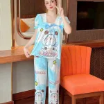 Đồ bộ quần dài áo tay ngắn cổ vuông phối ren hoạ tiết
