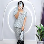 Đồ bộ quần dài áo tay ngắn phồng cổ lá sen caro