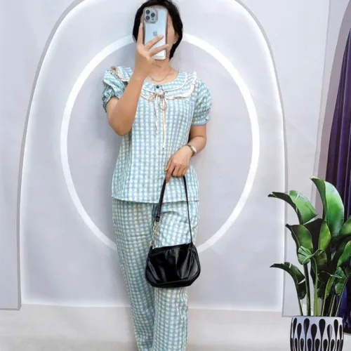 Đồ bộ quần dài áo tay ngắn phồng cổ lá sen caro