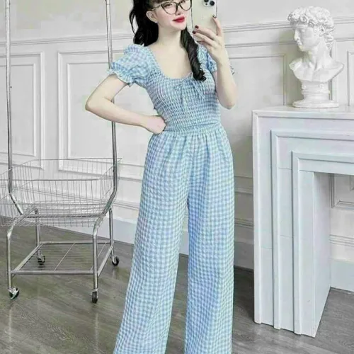 Đồ bộ quần dài áo tay ngắn phồng cổ vuông caro