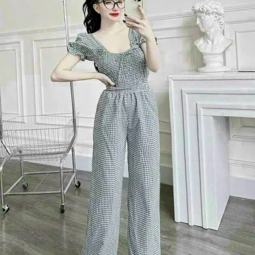 Đồ bộ quần dài áo tay ngắn phồng cổ vuông caro