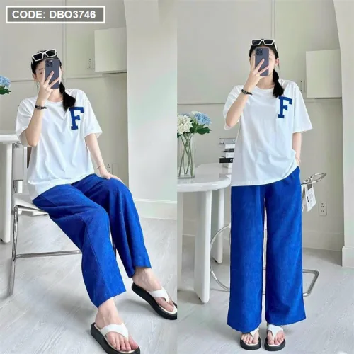 Đồ bộ quần dài áo tay trắng tay ngắn in chữ F