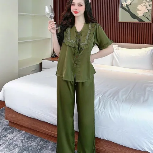 Đồ bộ quần dài bèo áo tay lửng bèo màu trơn