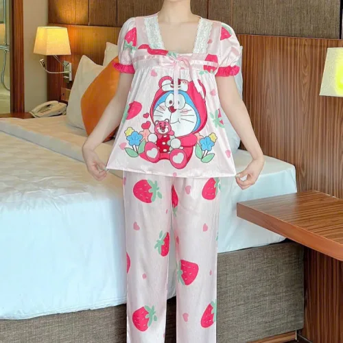 Đồ bộ quần dài bèo áo tay ngắn bèo cổ vuông hoạ tiết