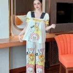 Đồ bộ quần dài bèo áo tay ngắn bèo cổ vuông hoạ tiết