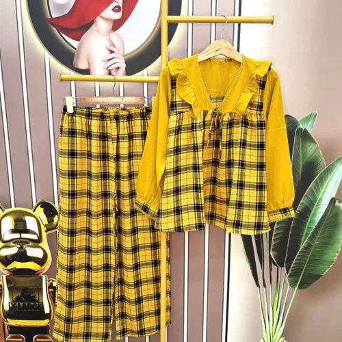 Đồ bộ quần dài caro áo tay dài cổ v bèo
