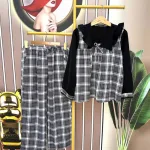 Đồ bộ quần dài caro áo tay dài cổ v bèo