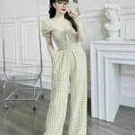 Đồ bộ quần dài caro áo tay ngắn phồng cổ vuông