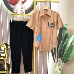 Đồ bộ quần dài đen áo sơ mi tay ngắn in hình
