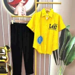 Đồ bộ quần dài đen áo sơ mi tay ngắn in hình