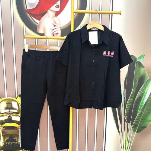 Đồ bộ quần dài đen áo sơ mi tay ngắn in hình gấu