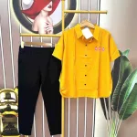 Đồ bộ quần dài đen áo sơ mi tay ngắn in hình gấu