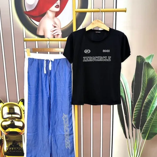 Đồ bộ quần dài jean áo tay ngắn in chữ