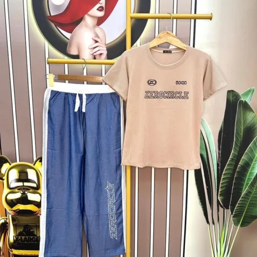 Đồ bộ quần dài jean áo tay ngắn in chữ