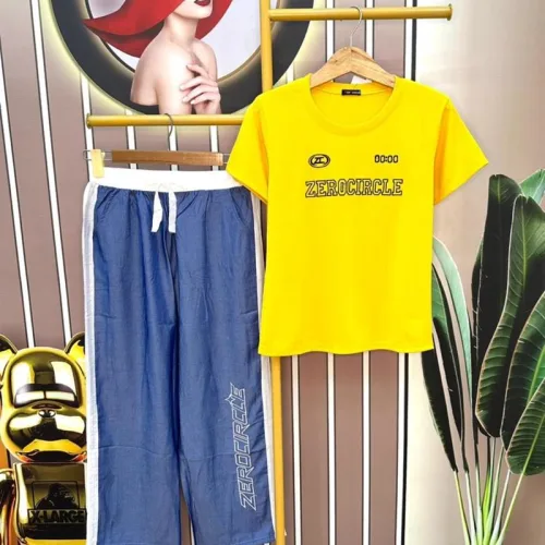 Đồ bộ quần dài jean áo tay ngắn in chữ