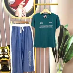 Đồ bộ quần dài jean áo tay ngắn in chữ