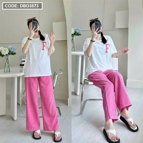 Đồ bộ quần dài màu áo trắng tay ngắn in chữ F