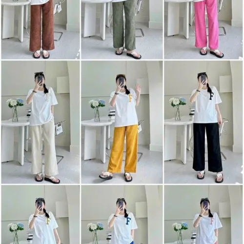 Đồ bộ quần dài màu áo trắng tay ngắn in chữ F