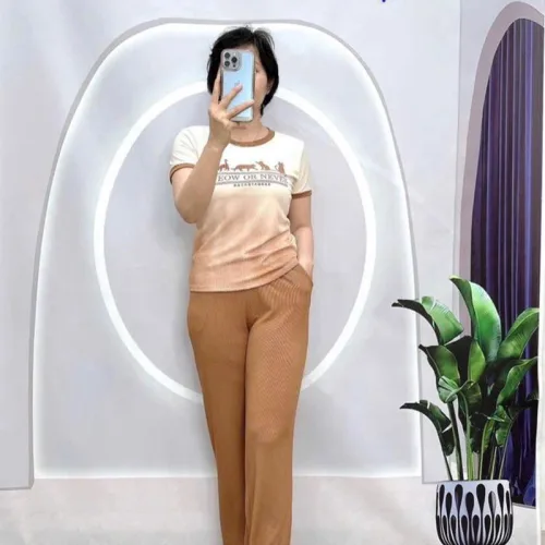 Đồ bộ quần dài ống loa áo tay ngắn in hình