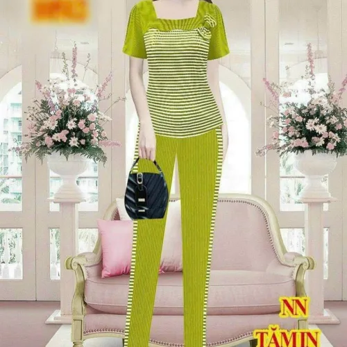 Đồ bộ quần dài ống nhỏ sọc áo tay ngắn cổ vuông