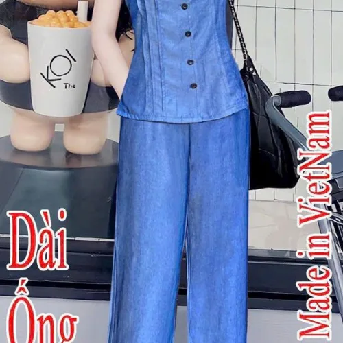 Đồ bộ quần dài ống rộng áo dây màu xanh