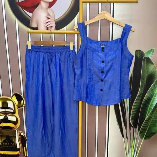 Đồ bộ quần dài ống rộng áo dây màu xanh