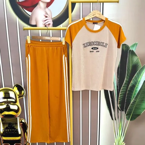 Đồ bộ quần dài ống rộng áo tay ngắn in chữ