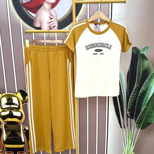 Đồ bộ quần dài ống rộng áo tay ngắn in chữ