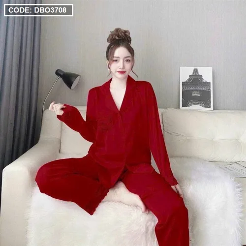 Đồ bộ quần dài pijama áo tay dài cổ bẻ màu trơn
