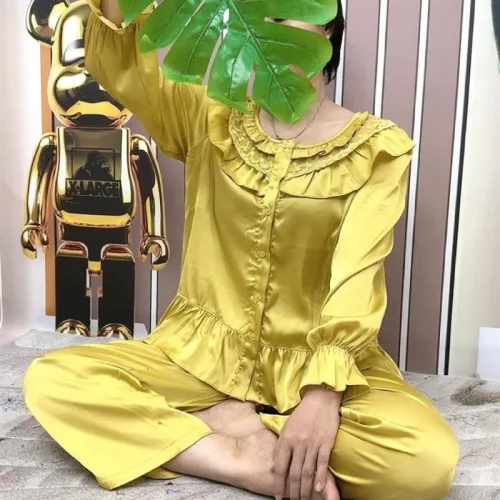 Đồ bộ quần dài pijama áo tay dài màu trơn cổ bèo