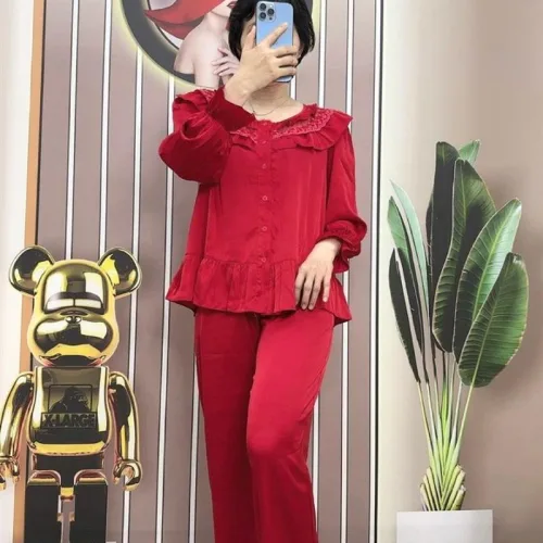Đồ bộ quần dài pijama áo tay dài màu trơn cổ bèo