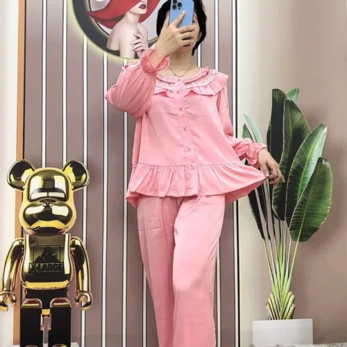 Đồ bộ quần dài pijama áo tay dài màu trơn cổ bèo