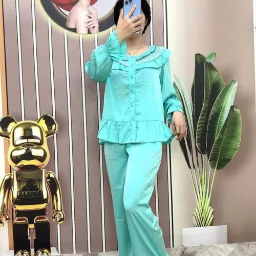 Đồ bộ quần dài pijama áo tay dài màu trơn cổ bèo