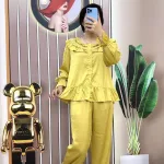 Đồ bộ quần dài pijama áo tay dài màu trơn cổ bèo