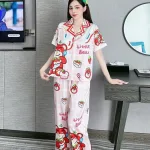 Đồ bộ quần dài pijama áo tay ngắn cổ bẻ hoạ tiết