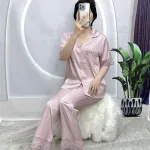 Đồ bộ quần dài pijama áo tay ngắn cổ bẻ màu trơn