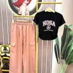 Đồ bộ quần dài túi hộp áo crop in chữ