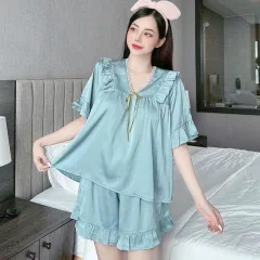 Đồ bộ quần đùi áo cổ v tay ngắn phồng màu trơn