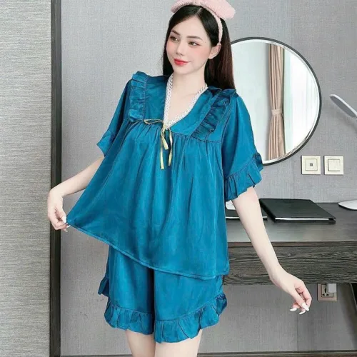 Đồ bộ quần đùi áo cổ v tay ngắn phồng màu trơn