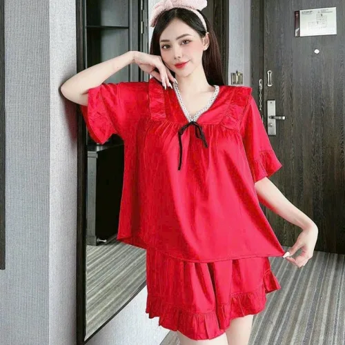 Đồ bộ quần đùi áo cổ v tay ngắn phồng màu trơn