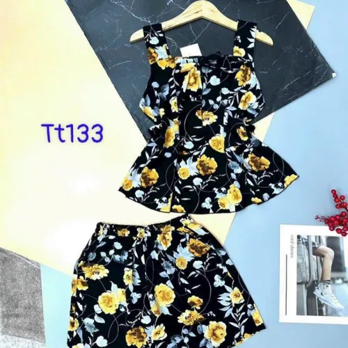 Đồ bộ quần đùi áo dây 2 tầng hoạ tiết mặc nhà