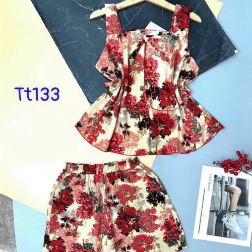 Đồ bộ quần đùi áo dây 2 tầng hoạ tiết mặc nhà
