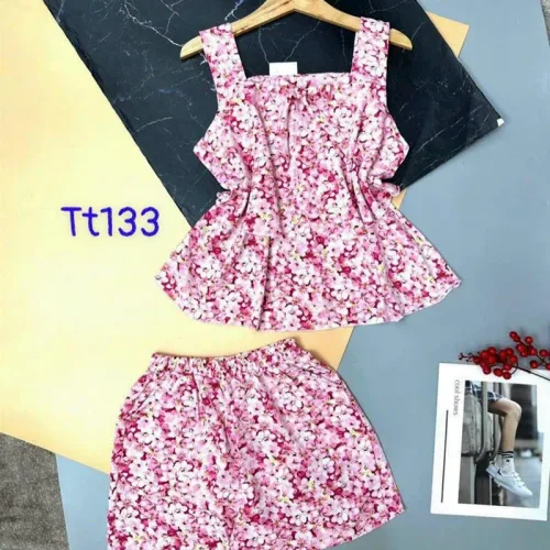 Đồ bộ quần đùi áo dây 2 tầng hoạ tiết mặc nhà