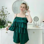 Đồ bộ quần đùi áo dây 3 tầng màu trơn