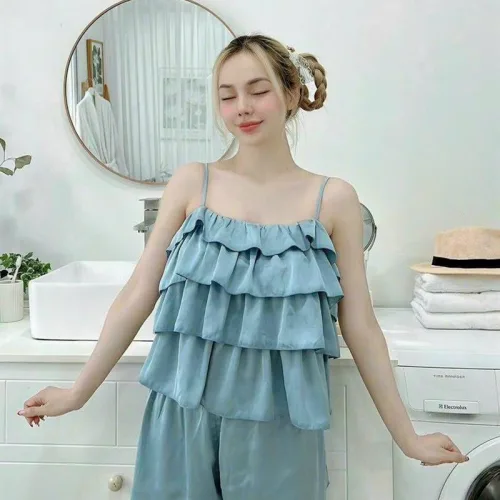 Đồ bộ quần đùi áo dây 3 tầng màu trơn