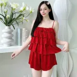 Đồ bộ quần đùi áo dây 3 tầng màu trơn
